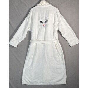 Aegean Apparel Robe Cat Applique Embroidery White Terry Cloth Cozy Cotton